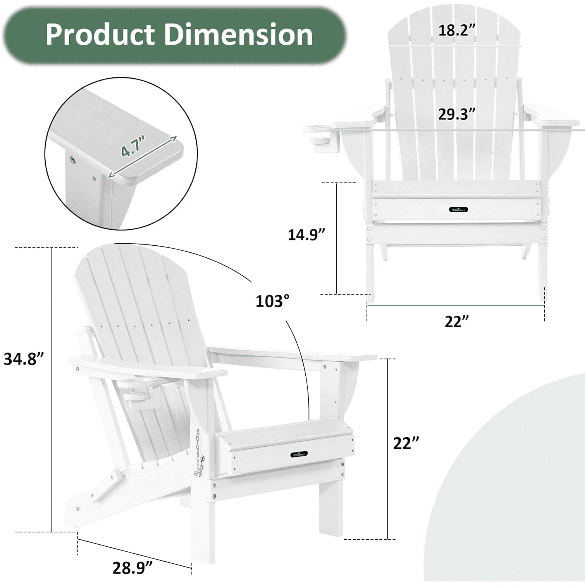 Withniture Folding Adirondack Chair Wood Texture, Patio Chair Weather Resistant, Wood Plastic Fire Pit Chair with Cup Holder, for Lawn Outdoor Porch Garden Backyard Deck(White)