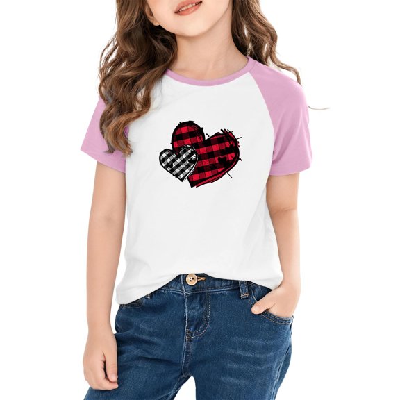 Girls Pink Plaid Heart Raglan Top - Soft Stretch Polyester Spandex Casual Tee for 4-14 Years,Size 3 T