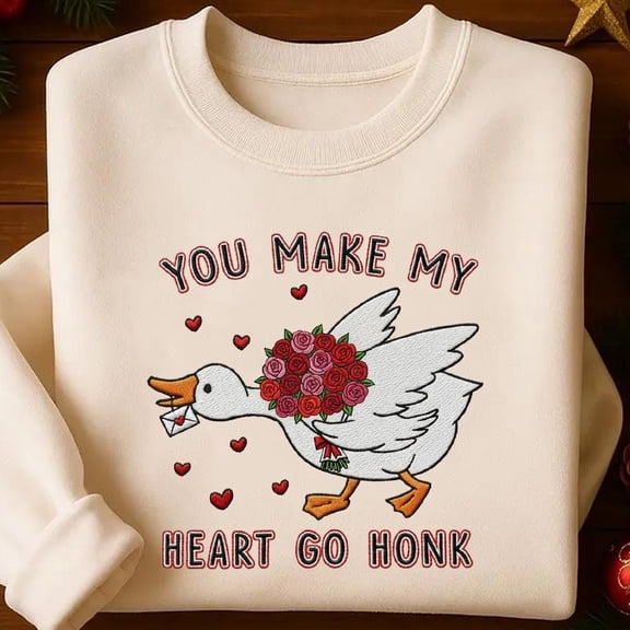 Embroidered You Make My Heart Go Honk Goose Sweatshirt, Funny Valentine's Day T-Shirt, Cute Goose Lover Shirt, Couple Gifts For Her