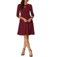 thumbnail image 1 of Vestido de cuello redondo Allegra K para mujer, vestido casual elegante de línea A con mangas 3/4, plisado, color rojo vino, 1 of 5