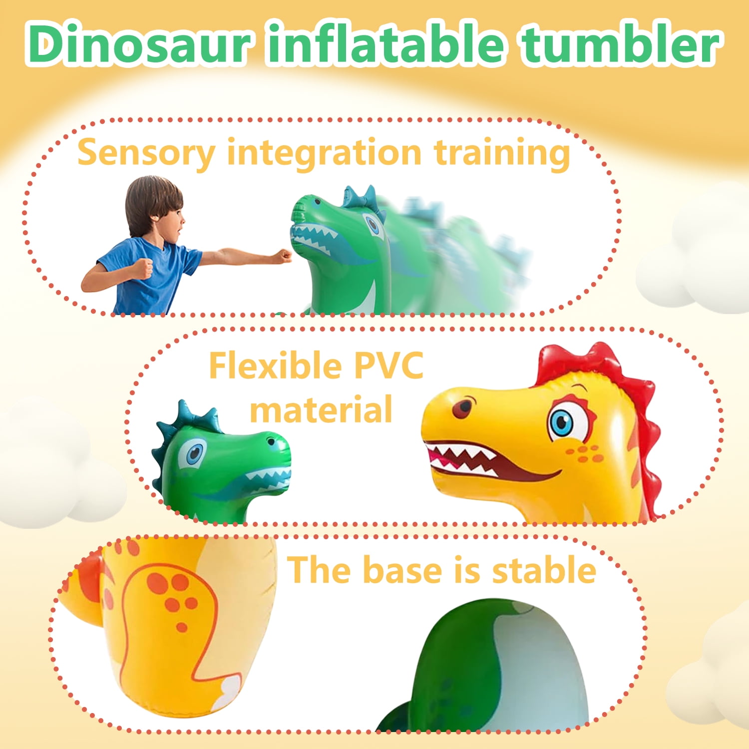 2 Pack Inflatable Punching Bag,4 Rings Ring Toss,Portable Inflatable Dinosaur Sandbag,Boxing Bag for Entertainment Boxing Training Game,38 in Tall,‎Green and Yellow