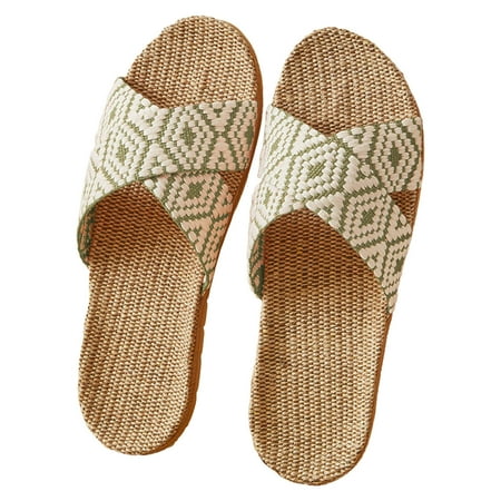 

Huanghuaa Couple Retro Colour Blocking Printing Beach Outside Wear Home Cotton Linen Large Size Non Slip Four Seasons Sandals Slippers Fuzzy Flip Flop Slippers for Women