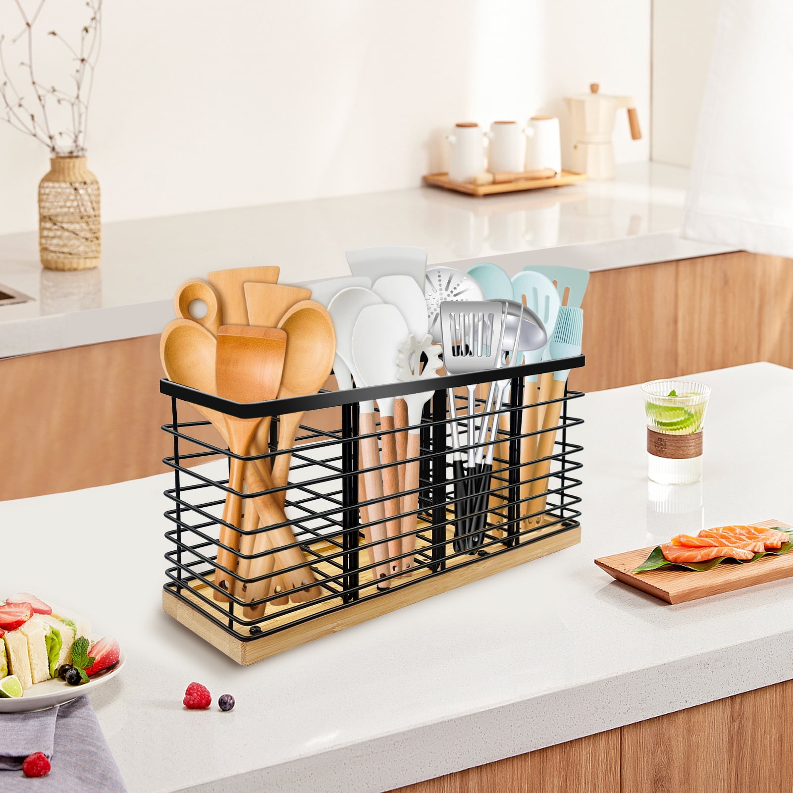 Godance Extra Large Kitchen Utensil Holder with 4 Compartments, Matte Black Metal Utensil Holder for Kitchen Countertop, Farmhouse Cooking Utensil Storage for Spoons, Spatulas & Ladles