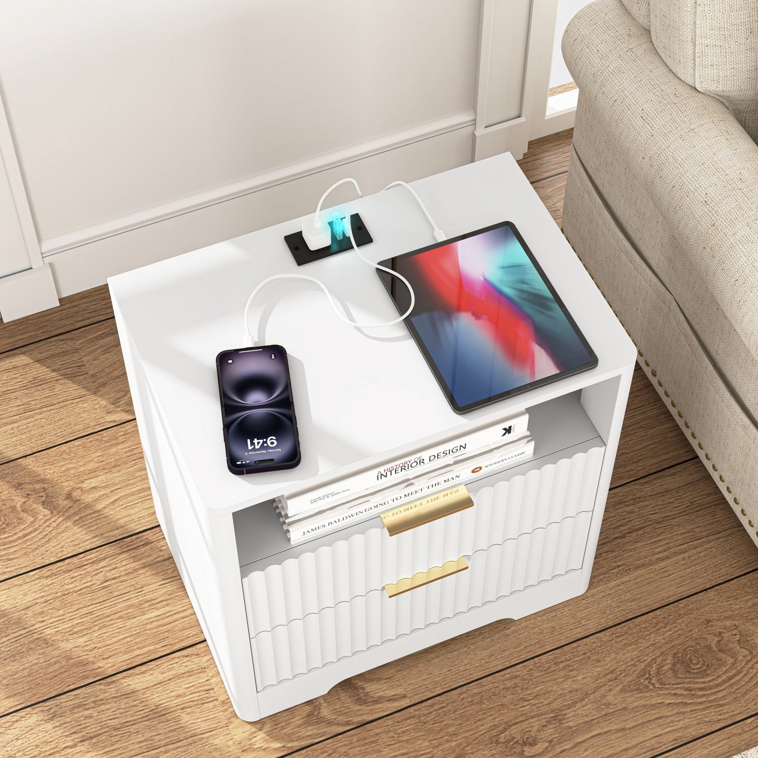 Nightstand with Charging Station and Voice Control Night Light, Modern Bedside Table with Storage Cabinet, White Night Stand for Bedroom, Living Room