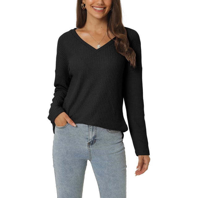INSPIRE CHIC Suéter ligero de manga larga con cuello en V de punto waffle para mujer XL negro