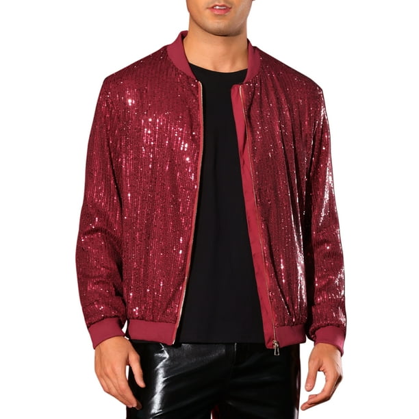 Chaqueta Varsity con lentejuelas INSPIRE CHIC para hombres, chaqueta bomber brillante y con glitter para fiestas de los 70, color rojo
