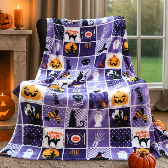 Gogreen Cozy Halloween Blanket - 300 GSM Flannel Throw Size for Home Decoration - Ultra Soft (Halloween Purple Plaid, Throw - 50" x 60")