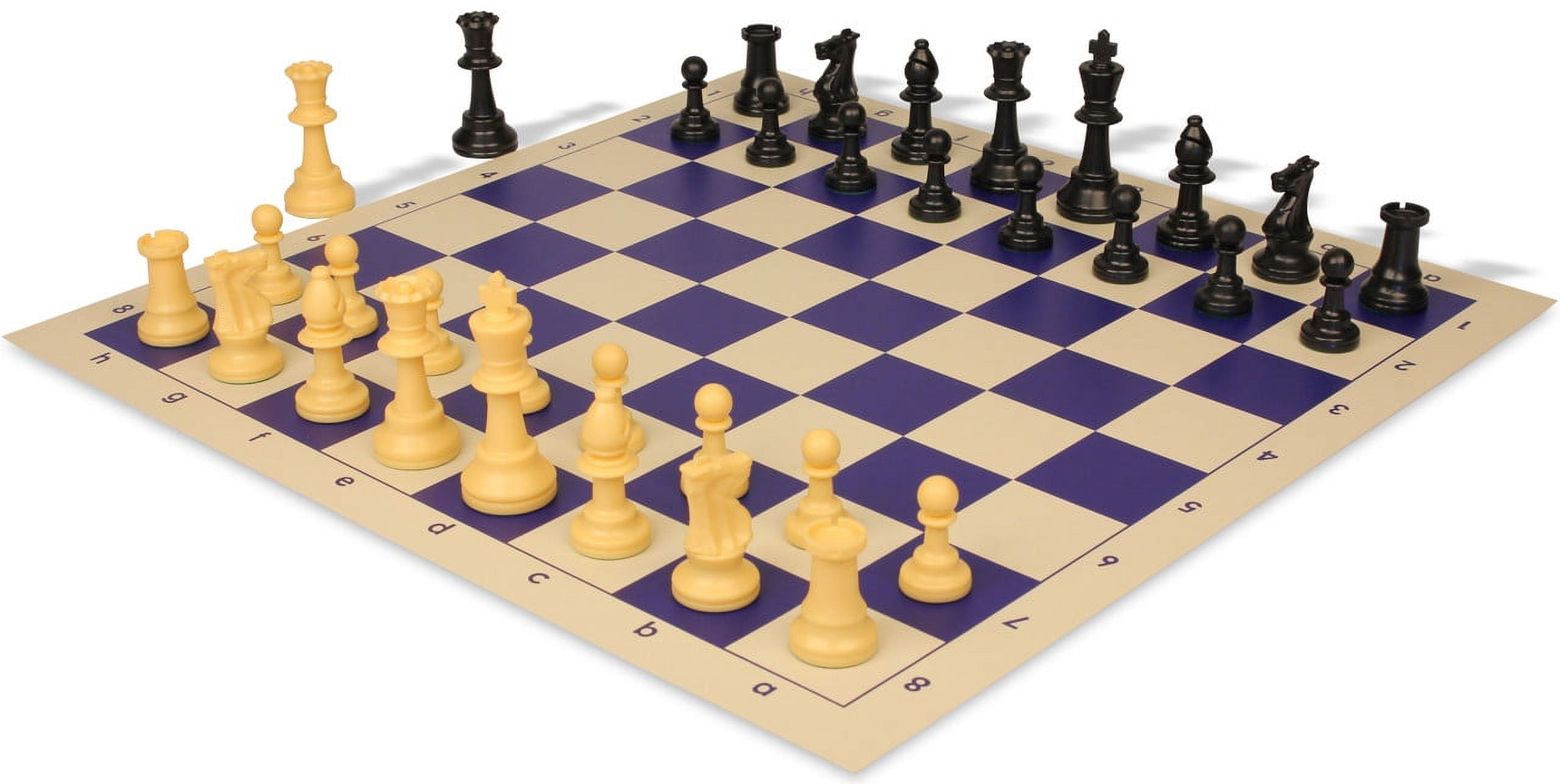 Standard Club Easy-Carry Plastic Chess Set - Black & Camel Pieces with Vinyl Rollup Board - Blue
