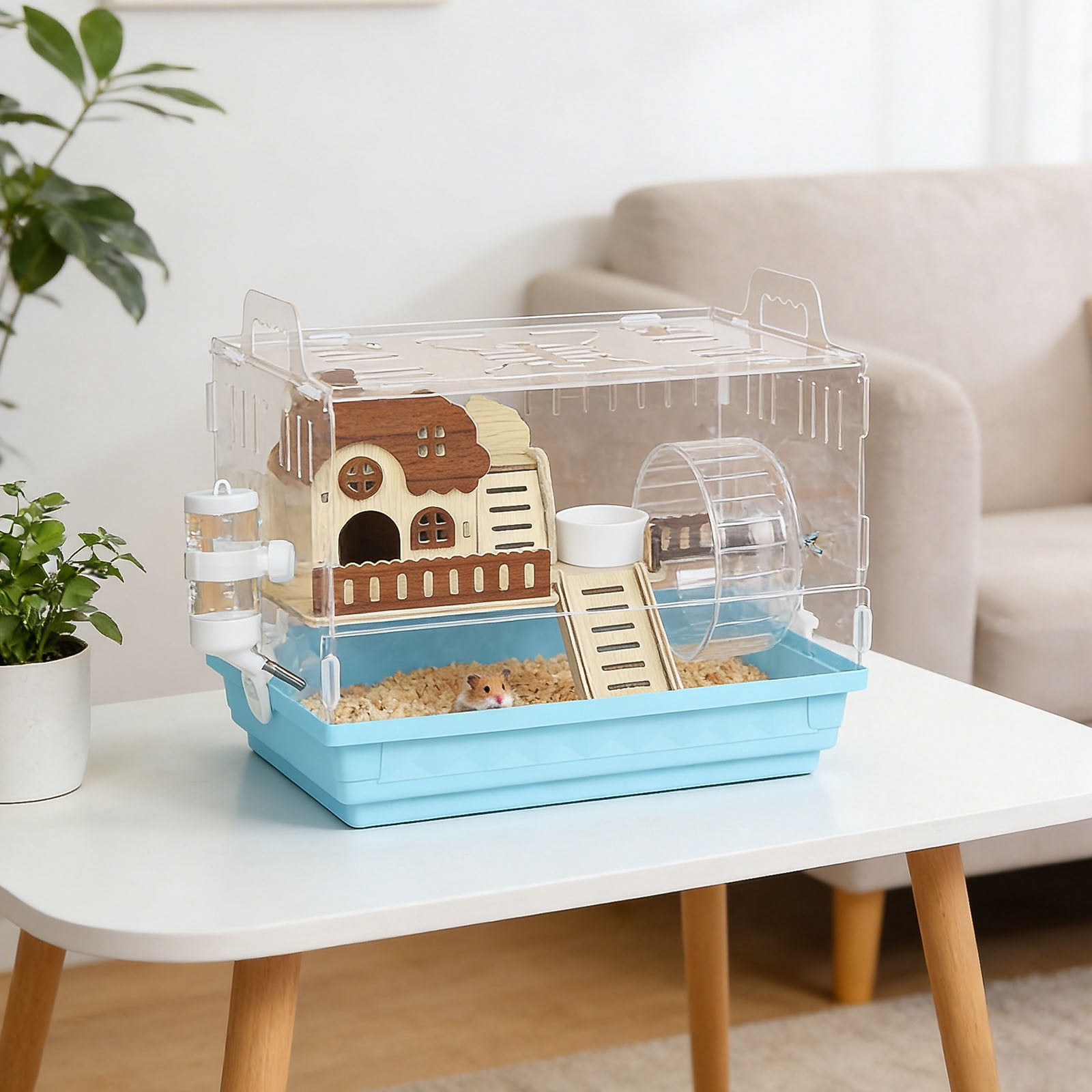 Acrylic Hamster Cage Starter Kit, Small Animal Habitat with Wheel, Water Bottle, Food Bowl, Small Hamster Habitat 360 Viewing, Hideout & Staircase,  for Dwarf, Guinea Pig, Gerbils