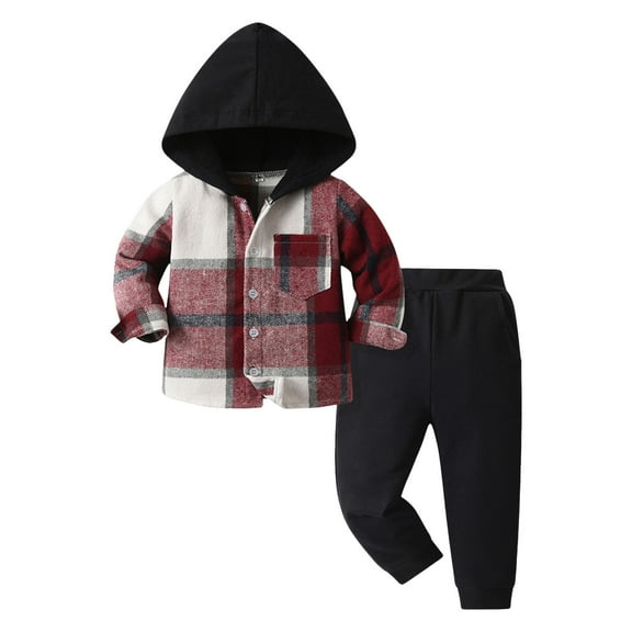 Gibobby Toddler Boys Clothes Plaid Hooded and Jeans Pants 2 Piece Set Boys Fall Winter Outfits Sets(Red,6-12 Months)