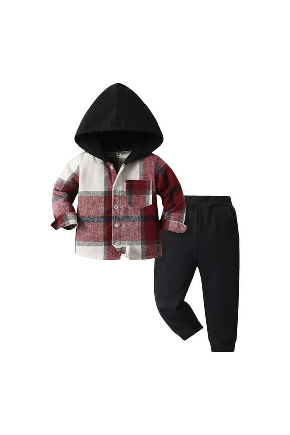 Boys Clothes Flannel Plaid Hooded Sweatshirt & Pants 2PCS Kids Boys Fall Winter Outfits Sets Red for Size 6-7 Years