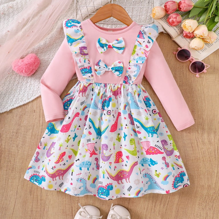 Jamsmile Toddler Girls Dress Dinosaur Print Girls Dress With Bowknot Cute  Casual Kids Girls Cartoon Long Sleeve Party Dress