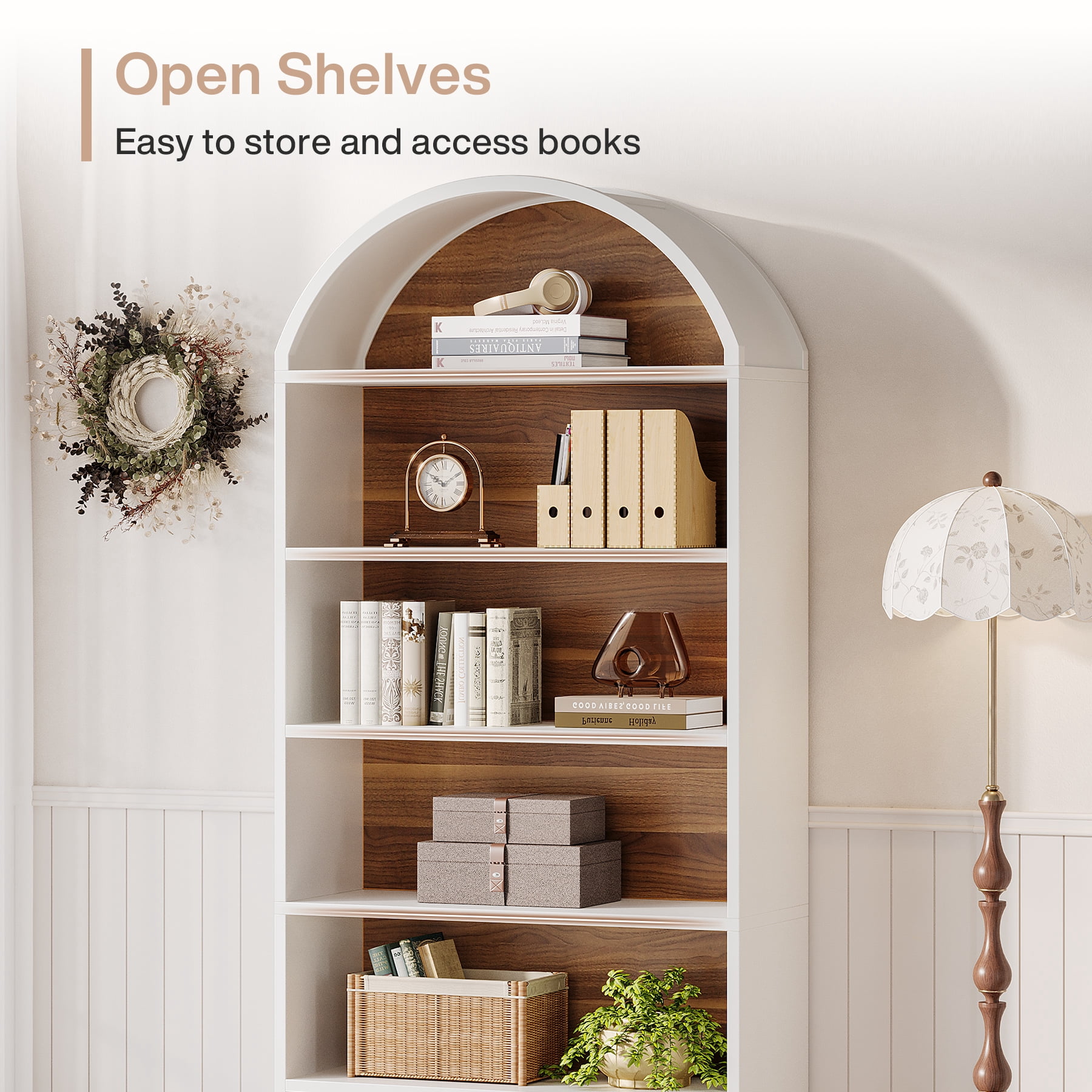Finmind 77" Tall Arched Bookcase Set of 2, 5-Tier Modern White Bookshelf with File Cabinet Drawer