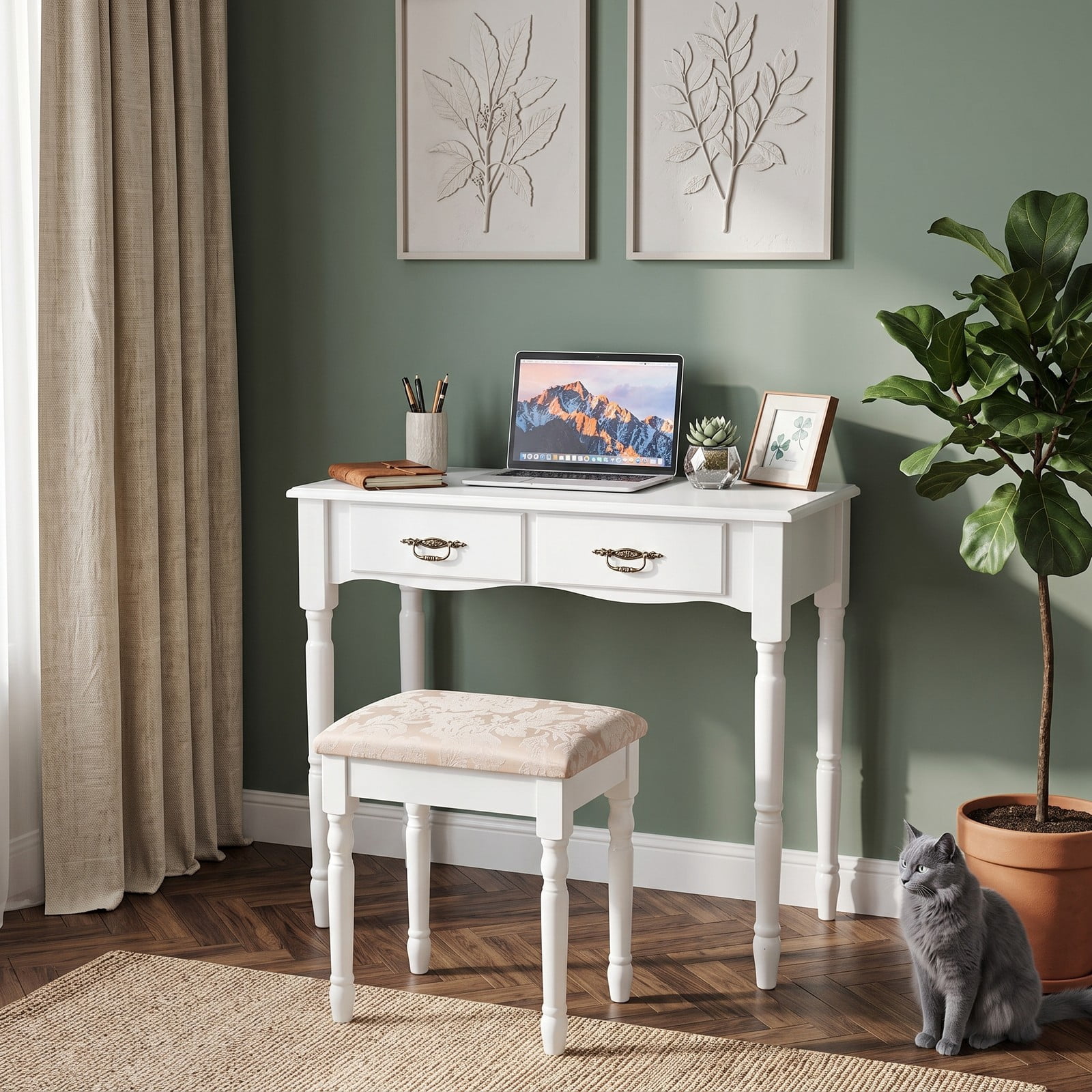 Furnibear Makeup Vanity Table Set with Tri-Folding Mirror 4 Drawers Cushioned Stool and Wood Legs for Bedroom, White