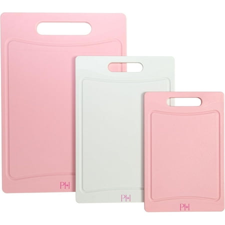 Cutting Boards, Dual-Sided Board Set with Built-in Juice Grooves, Easy-Grip Handles, Heavy-Duty Plastic Made without BPA, Dishwasher Safe, 3-Piece Set, Pink and Cream