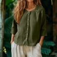 thumbnail image 2 of Jsaierl 3/4 Length Sleeve Cotton Linen Tops for Women Summer Button Up Round Neck Shirts Fashion Solid Ladies Blouses Classic Vacation T-shirts Top S-2XL, 2 of 7