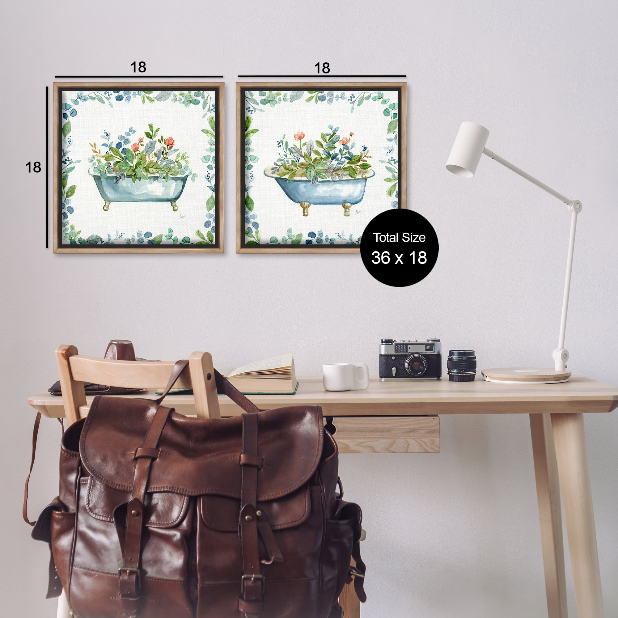 Stupell Industries Charming Flower Filled Tub Bath & Laundry Painting Brown Floater Framed Canvas Art Print Wall Art, 18 x 18, Set of 2