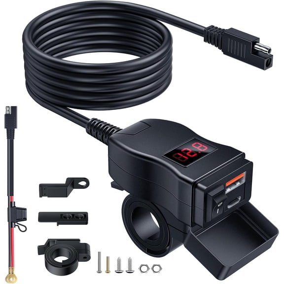 Ouspow Motorcycle USB Fast Cellular Charger Waterproof Type C Port Socket Connector With Cell Mobile Voltmeter Red Digital Display QC3.0 PD