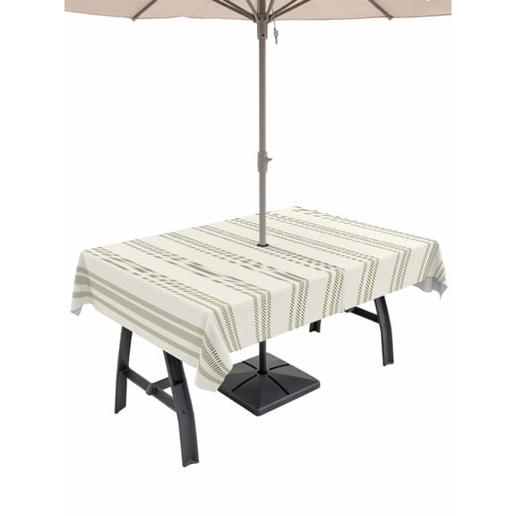 Outdoor Tablecloth with Umbrella Hole and Zipper, Sage Green Striped Rectangle Table Cloth 60x102 Inch Waterproof Tablecloth, Modern Farmhouse Green Stripes Picnic Table Cover for Patio Camping