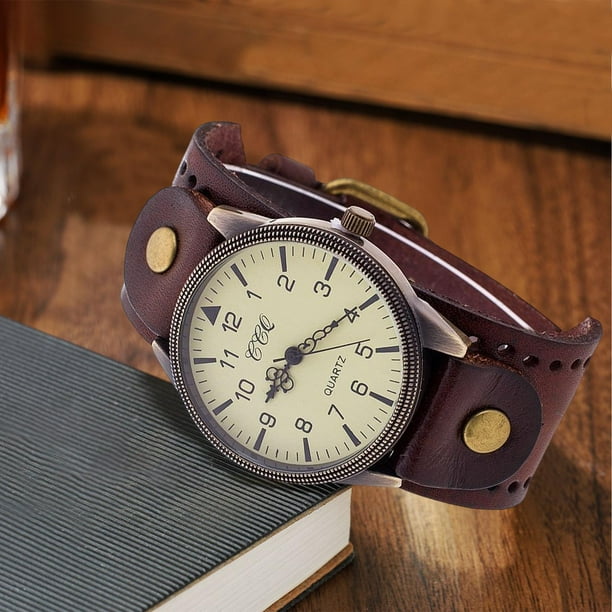 Pulsera de reloj antiguo Cuero de PU Banda de reloj de hombre Correa de cuero ancha Brazalete Hibrido Cafe oscuro Yuyangstore reloj de pulsera Walmart en linea