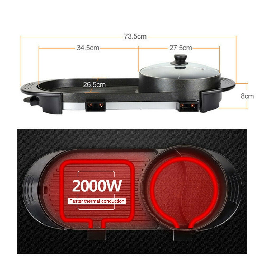 2 in 1 Electric Hot Pot Grill Teppanyaki Non-Stick Smokeless Barbecue Pan Grill 1100W Electric Smokeless Grill and Hot Pot BBQ Grill Soup Shabu Pot