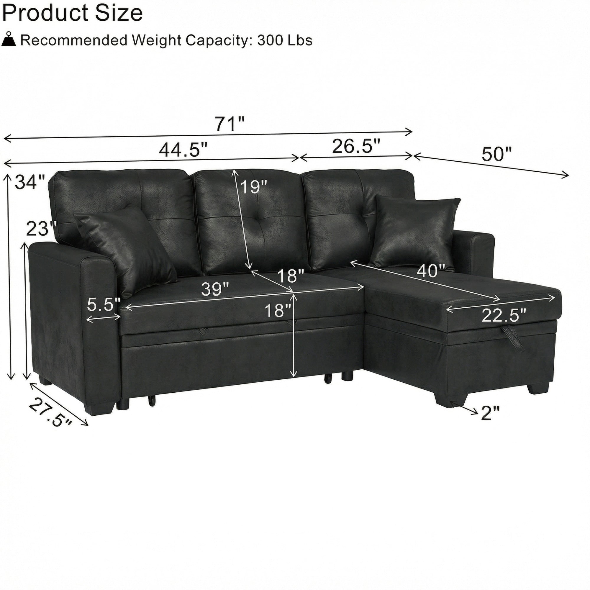 BSHTI 71" Polyester L-Shaped Pull-Out Sleeper Sofa Bed with Reversible Chaise, Hidden Storage for Living Room（Black）