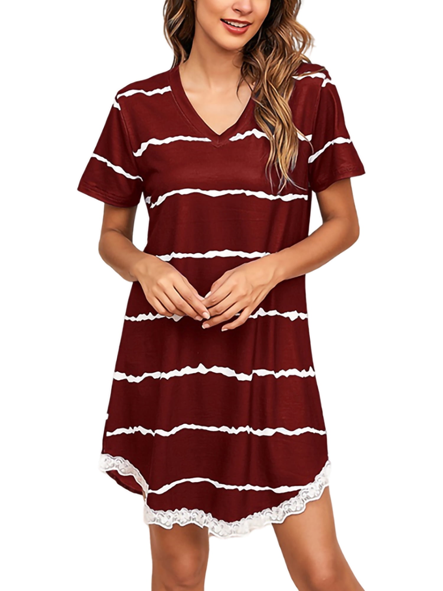 Short Sleeve Stripe Sleep Shirt for Women Summer Lace Trim Nightgown ...