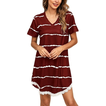 

Short Sleeve Stripe Sleep Shirt for Women Summer Lace Trim Nightgown Sleepwear Pajamas Lounge Dress Plus Size