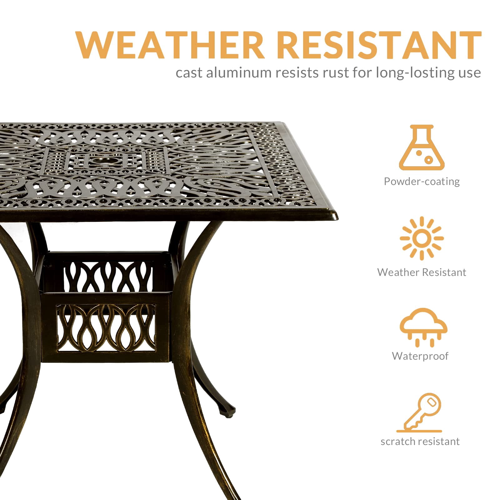 W WARMHOL 5-Piece Outdoor Patio Dining Set, All-Weather Cast Aluminum Patio Furniture Set for Backyard Garden Deck with 4 Chairs, 4 Cushions and 35.4” Square Table, 2.2" Umbrella Hole