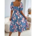 thumbnail image 6 of Women's Ruffle Off Shoulder Floral Midi Smocked Flowy Long Dresses Dress for Summer Spring Beach Blue XL, 6 of 10