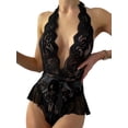 thumbnail image 3 of FASHIONWT Women Summer Sexy Deep V-Neck Bow Capri Sleep Bosysuits Sheer Lace Pajama, 3 of 5
