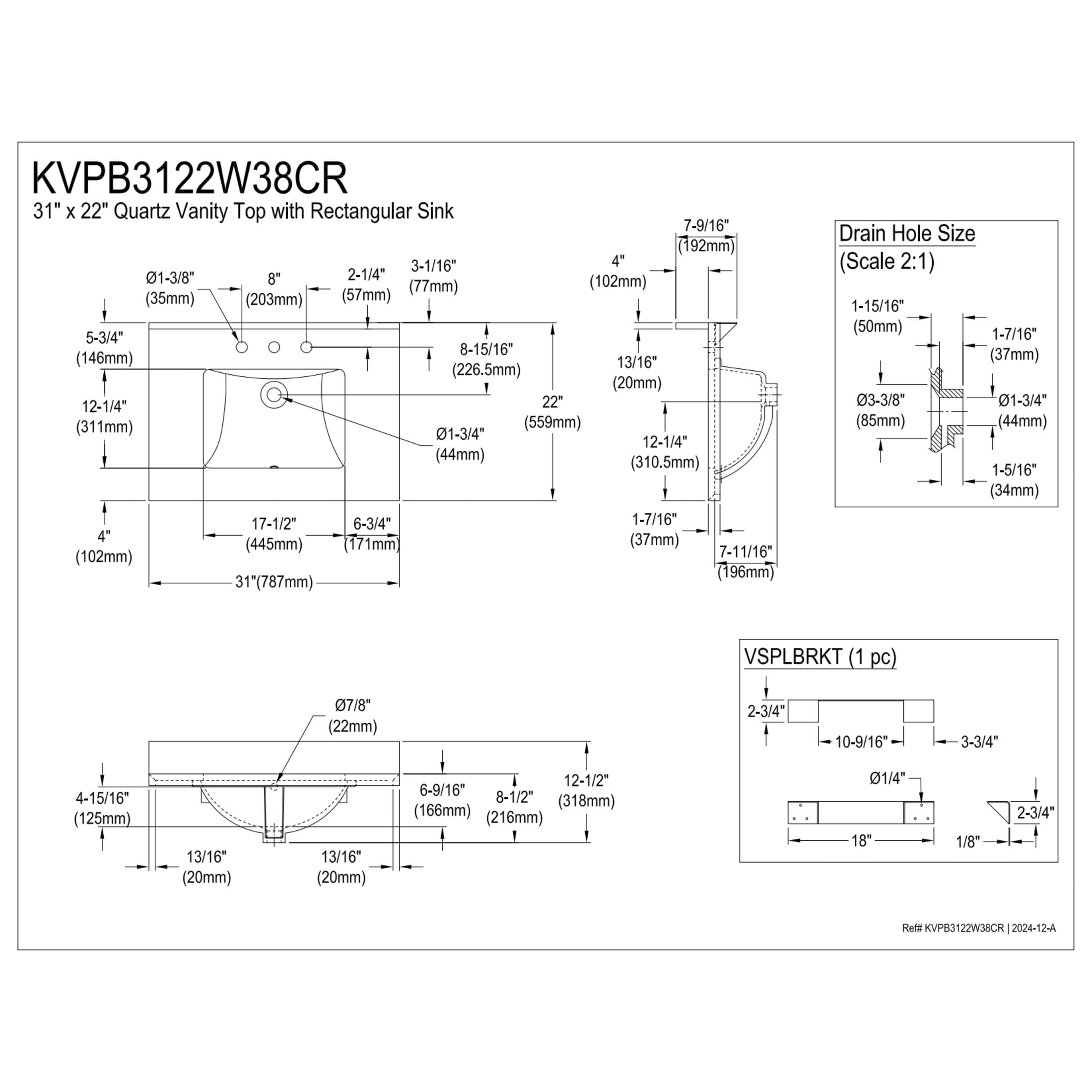 Kingston Brass KVPB3122W38CR Ferrara 31-Inch Carrara Quartz Vanity Top (8" Faucet Drillings) in Carrara Quartz White