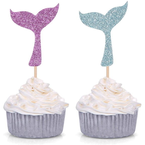 12pcs Glitter Mermaid Tail Cupcake Toppers Kid's Themed Party Baby Shower Decors (Purple and Blue)