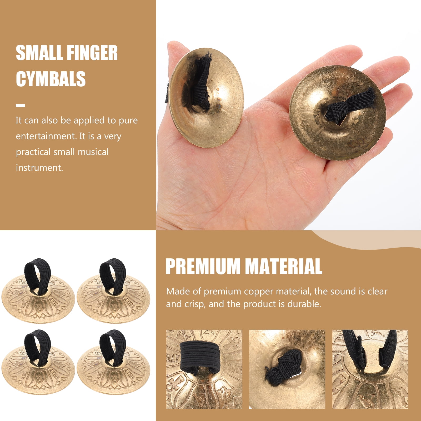 PartyKindom Golden Copper Finger Cymbals Small Percussion Instrument for and Training 4Pairs