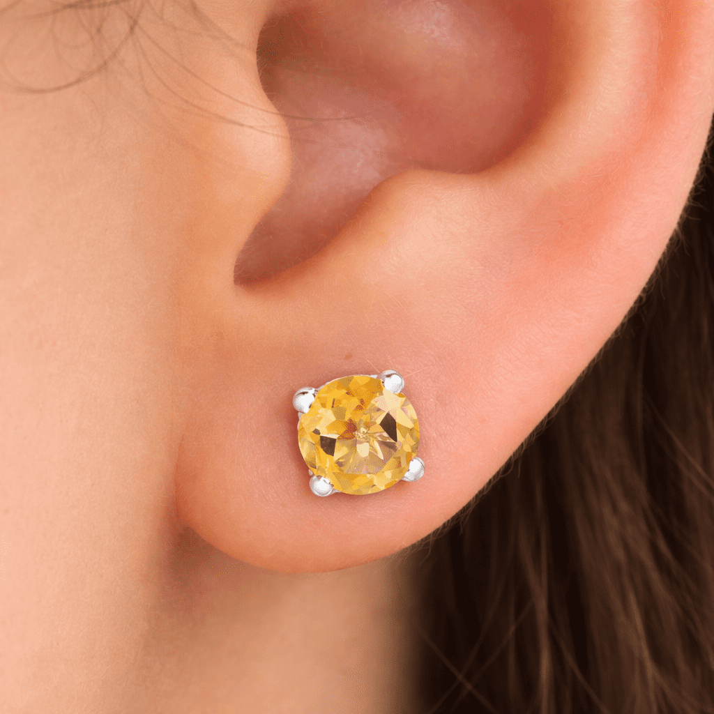 Femme Jam 925 Sterling Silver 6mm Round Citrine Stud Earrings, Yellow Gemstone Solitaire, Hypoallergenic Unisex Jewelry