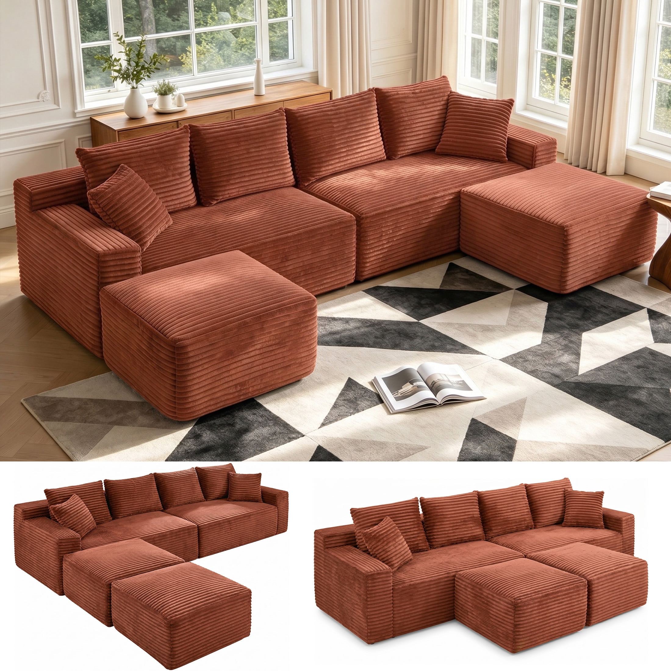 Aenkyo 115" Corduroy U-Shaped Modular Sectional Sofa with 2 Ottomans, 4-Seater, Orange