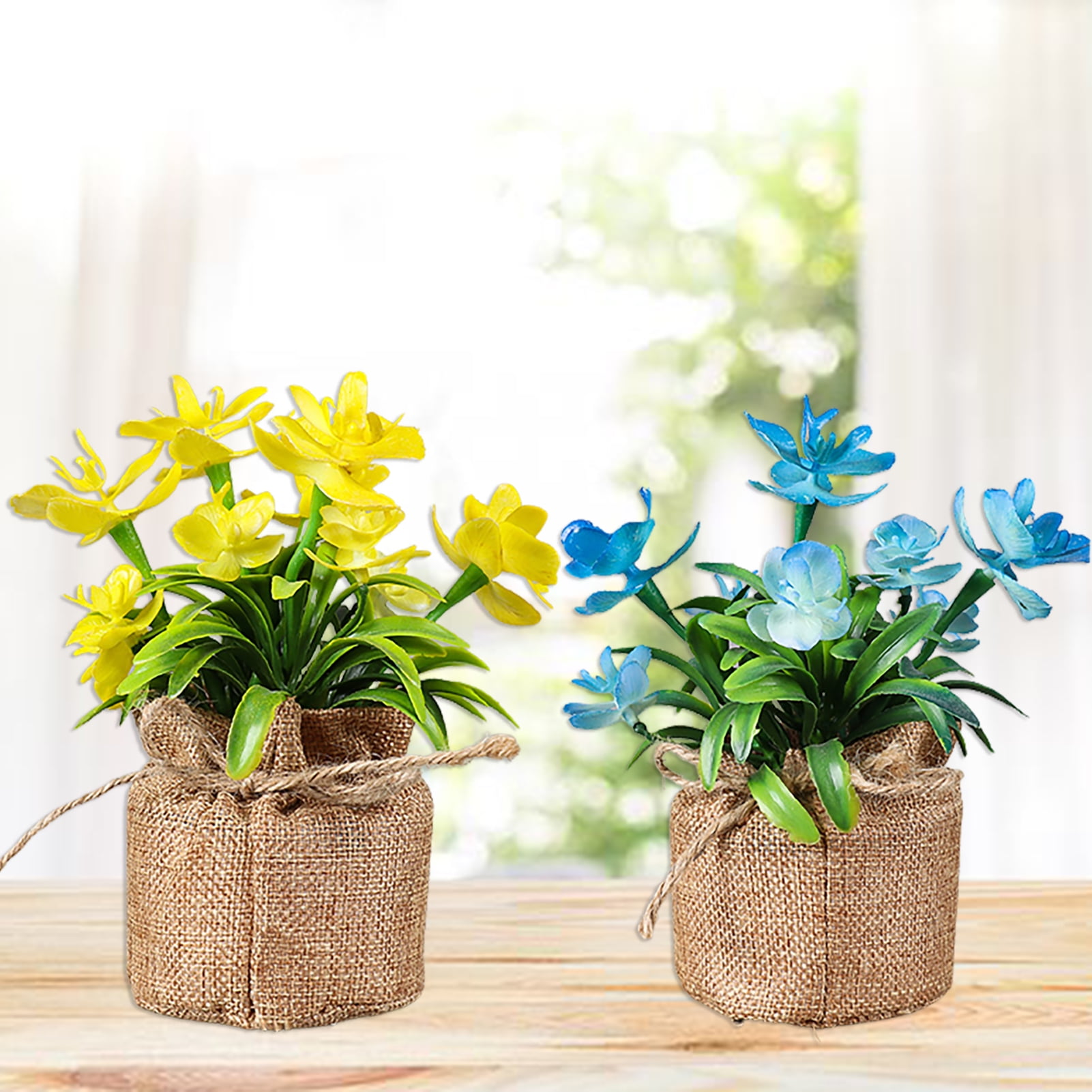 Artificial Miniature Flowers in a White Pot, Yellow and Red
