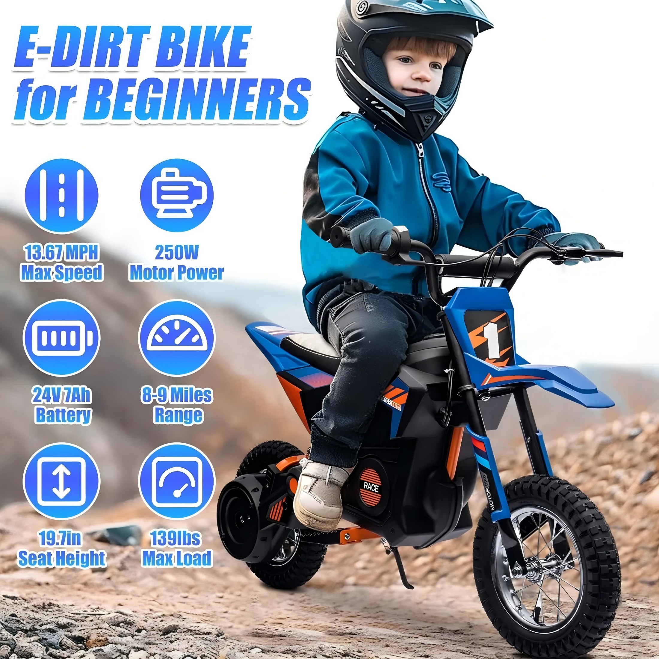 JoyWheels 24V Electric Dirt Bike for Kids,250W Ride on Toy Motorcycle,Ages 13 Years+,13mph,Blue