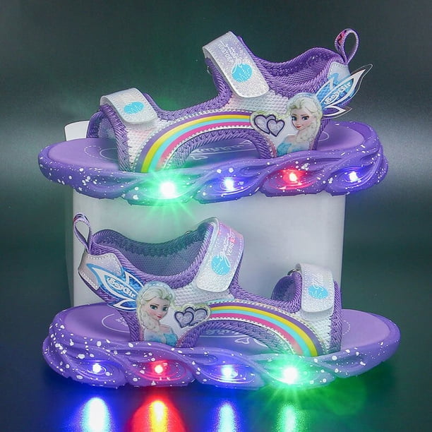 Disney zapatos para niños verano elsa niñas sandalias con punta de malla zapatos de playa moda ins princesa congelada fondo suave led light sandals25-Insole 15.5 CM Gao Jinjia LED