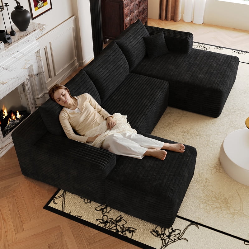 103" U Shaped Cloud Sectional Sofa with Ottoman, Modern Modular Corduroy Fabric Couch with Deep Seat and Chaise, Minimalist Upholstered Corner Sofa for Living Room, Apartment, No Assembly Required