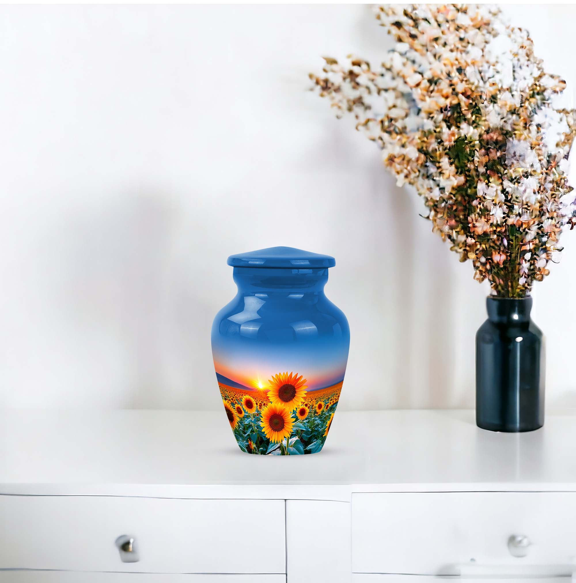 Sunflower Keepsake Urn For Ash Adult Male, 3-inch Sunset Mini Funeral Urn For Ashes For Women, Small Blue Cremation Urns For Human Ashes Adult Man