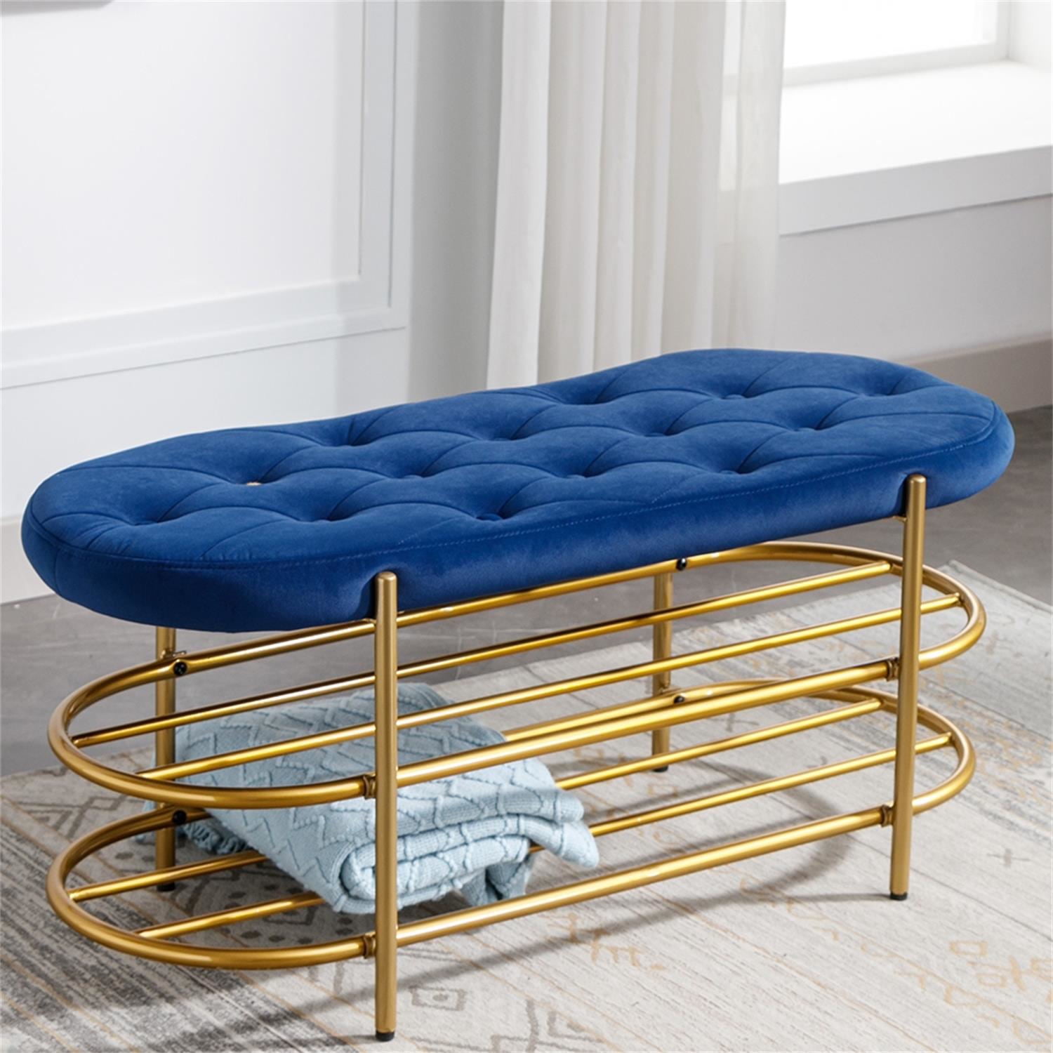 Kadyn Upholstered Velvet Beach, End of Bed Bench with 2 Shelf, Storage Beach for Living Room, Entrance, Navy
