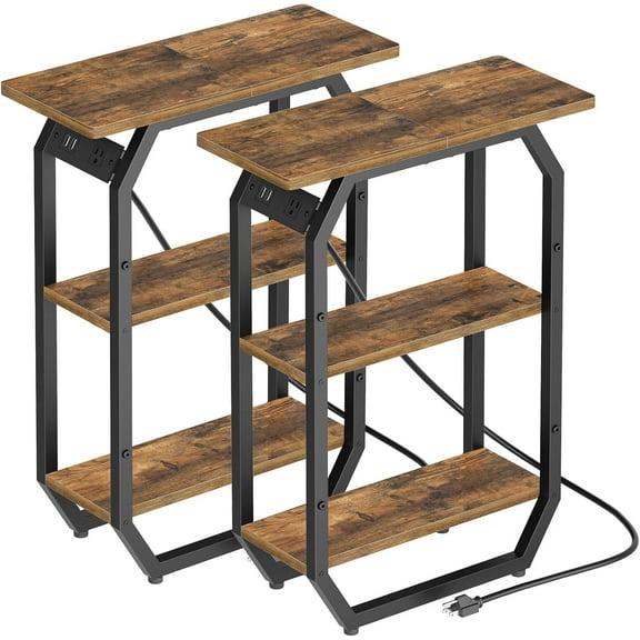Side Table with Charging Station Set of 2, 3-Tie Narrow End Table, Skinny Sofa Tables for Small Spaces, Slim Nightstand with Storage Shelf, for Living Room, Dormitory, Brown