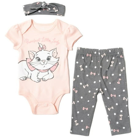 

Disney The Aristocats Marie Newborn Baby Girls Bodysuit Pants and Headband 3 Piece Outfit Set Gray / Pink Newborn