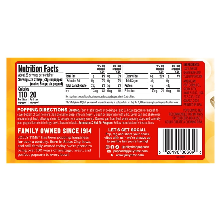 Jolly Time Select Premium Large Kernel Yellow Popcorn, 30 oz