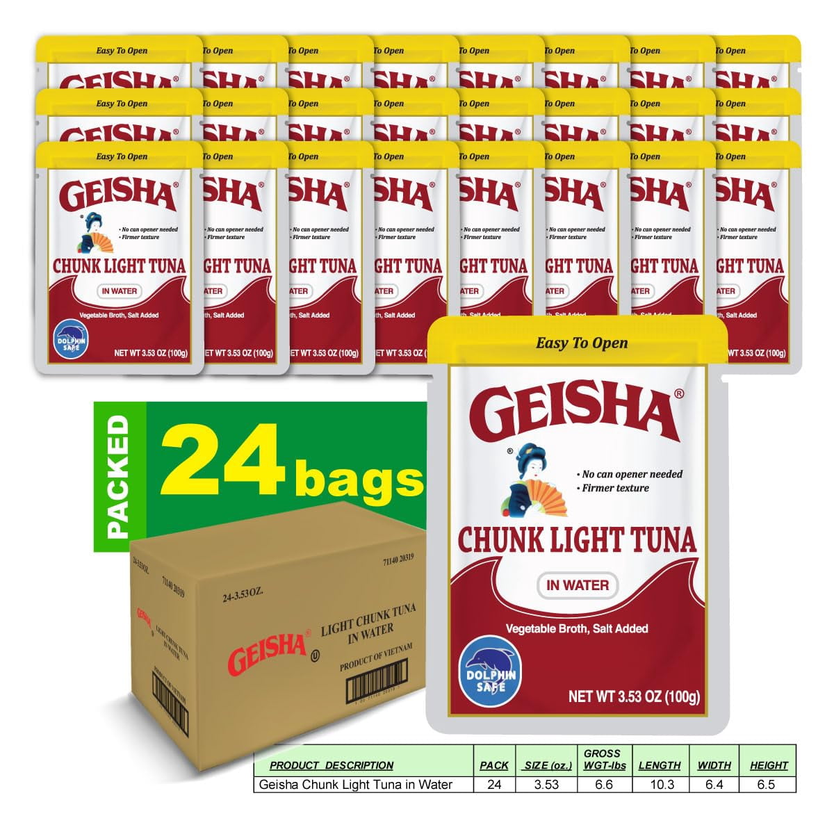GEISHA Chunk Light Tuna in Water 3.53oz (Pack of 24), Tuna| HALAL & Kosher Certified – Gluten Free – Wild Caught – Dolphin Safe Catch – Good Source of Protein