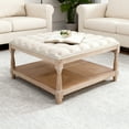 thumbnail image 5 of Youmumeub 33-Inch Large Square Ottoman with Storage Shelf - Solid Wood Frame Upholstered Linen Coffee Table & Bench, Hand-Tufted Top, Farmhouse Classic Gourd Legs for Home & Office (Beige), 5 of 12
