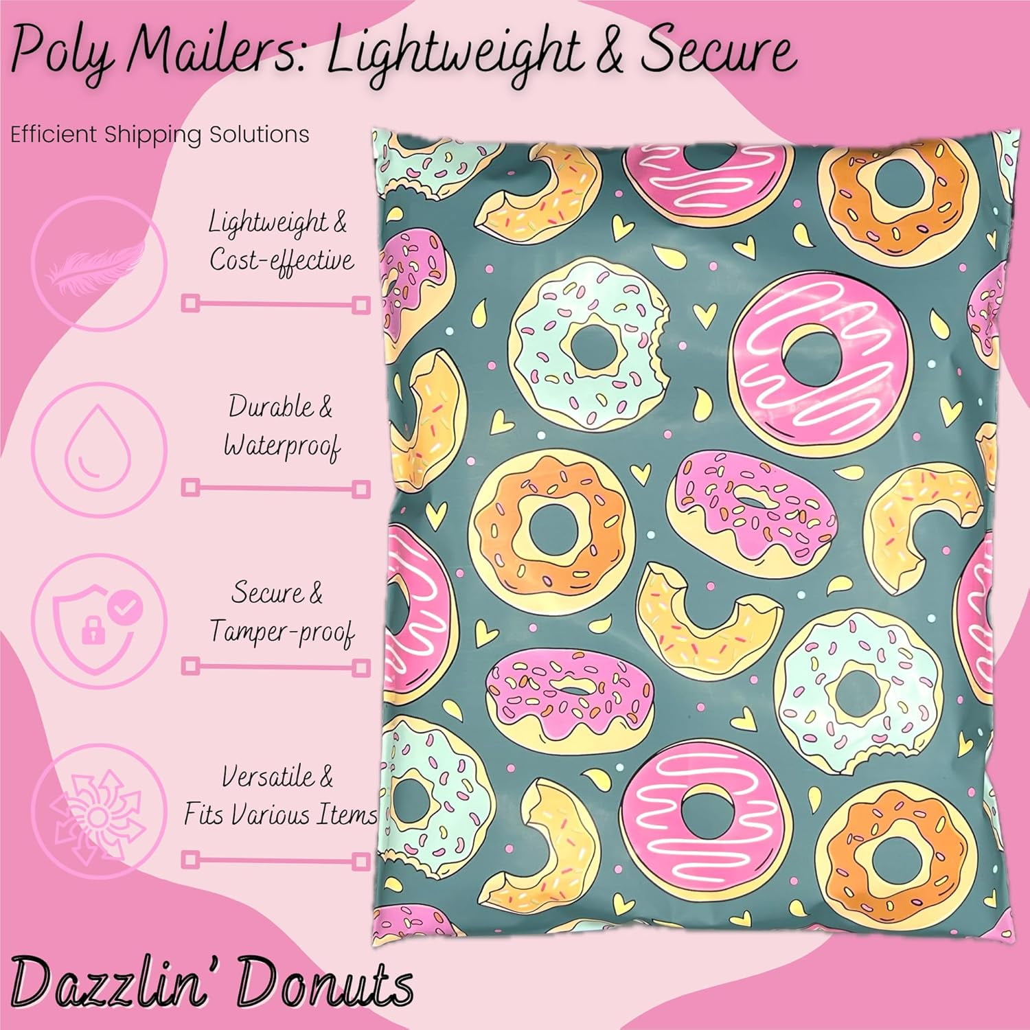 Hawk Poly Mailers 10x13 Cute Donut Hearts Heavy Duty 3.15mil Tamper-Evident & Self-Sealing Shipping Envelopes for Small Businesses Printed Waterproof Mailing Bags Non Padded (Dazzlin' Donuts, 10x13)
