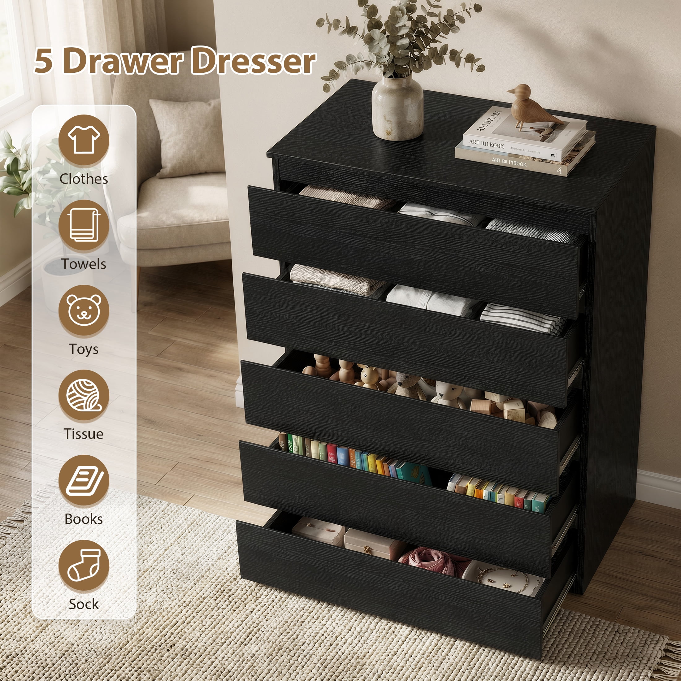 Hijob 5 Drawer Dresser, Modern Storage Cabinet for Bedroom, Tall Chest of Drawers for Living Room Bedroom, Black