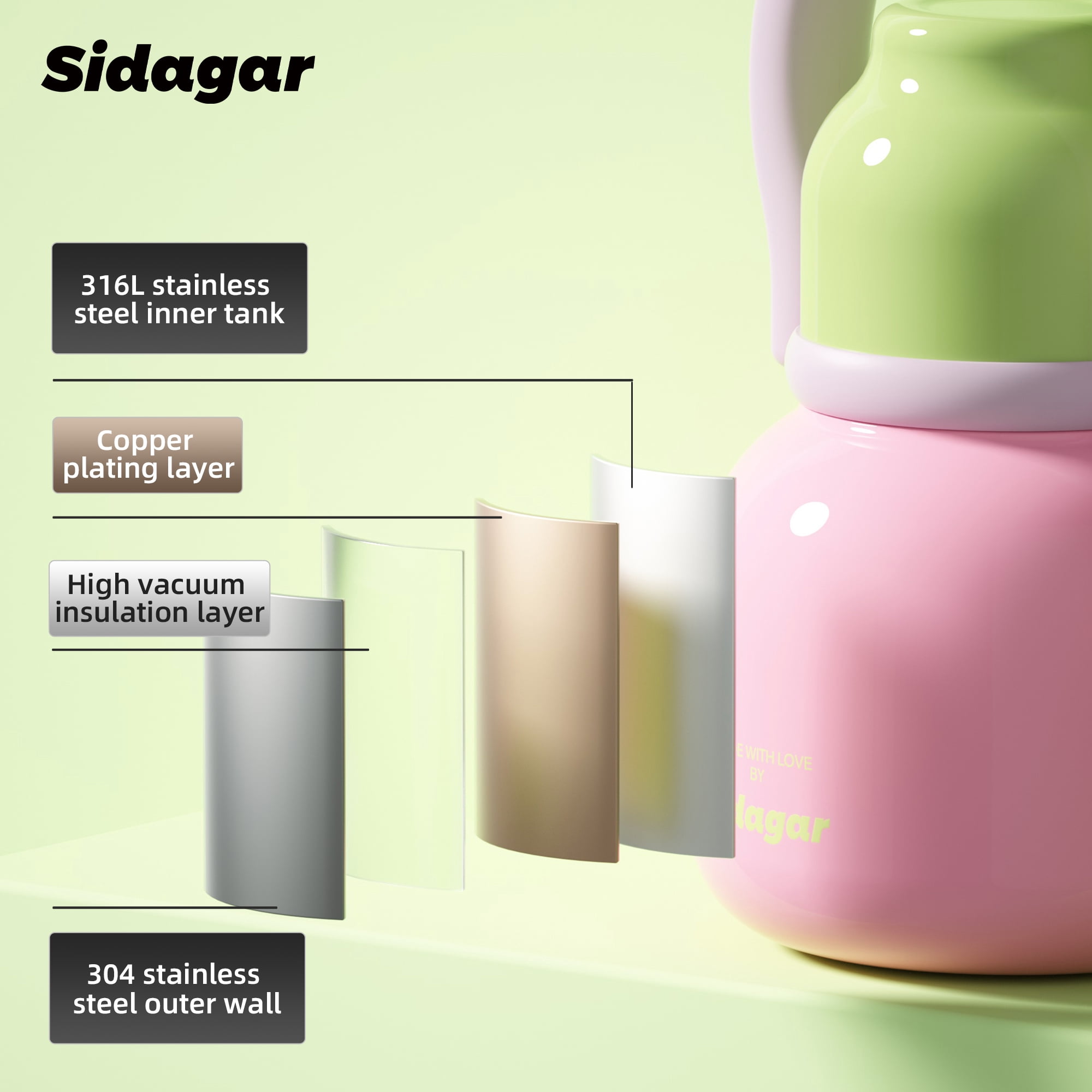 Sidagar 22 oz Pink Stainless Steel Vacuum Insulated Water Bottle